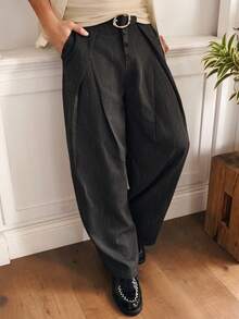 SWAVVY 男士休闲褶裥宽松斜插口袋裤 - 黑色 - 查看 3