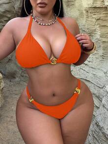 Swim SXY 大码女士露背闪亮纯色螺旋装饰吊带泳衣套装 橙色两件套 橙色比基尼套装 橙色泳衣 女士纯色比基尼套装 橙色泳装 - 橘色 - 查看 1