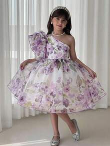 SHEIN 小女孩碎花短袖公主裙，新款蓬蓬裙派对礼服 - 紫色 - 查看 5