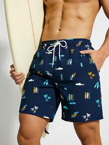Manfinity Swimmode Men's Summer Vacation Fish Print Drawstring Waist Beach Shorts - Navy Blue - View 3
