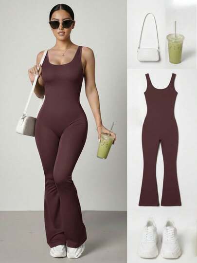 Mono jumppsuit enterizo jumper palazzo unitardo mujer dama femenino sin mangas flare acampanado lycra ceñido ajustado asiluetado espalda descubierta deportivo gym gimnasio levanta gluteo cómodo fresco ligero moderno juvenil diario casual yoga correr primavera verano moda elasticidad strech cintura ajustable casa día ocio interior exterior ejercicio sexy