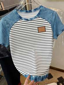 Camiseta de mujer de manga corta con cuello redondo, estampado de bandera americana y letras en bloques de color - Multicolor 7 - Ver 3