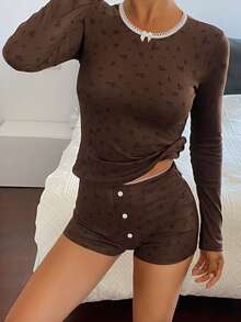 DAZY 2 Stück/Set Damen Ditsy Blumen Langarm Shorts Pyjama Set - Braun - Übersicht 5