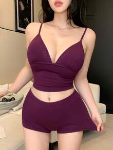 DAZY Women's Summer Sexy Camisole And Shorts Pajama Set With Built-In Bra Padding - Purple - View 12