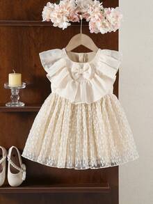 Babygirl Elegant & Cute Princess Dress, Apricot Tulle Bow Ruffle Hem Dress - Apricot - View 3