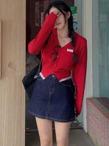 DAZY Chân váy denim ngắn nữ màu trơn, túi xéo, kiểu dáng thường ngày, đa năng. - Rửa tối - Xem 8