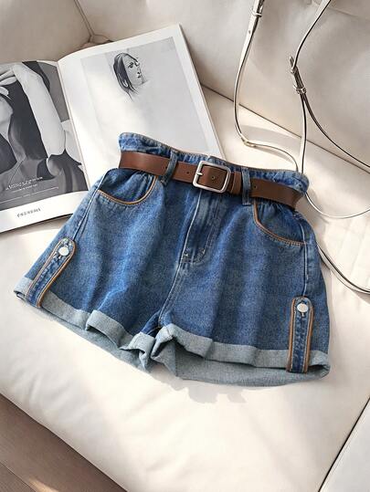 GlowEve Women's Casual Fashion Street Chic Daily Commute Paper Bag Waist Cuffed Hem Washed Denim Shorts, Belt Not Included