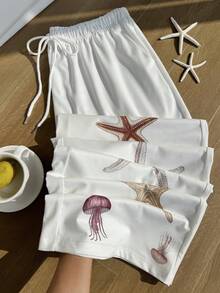 Comfortcana Plus Size Starfish Print Casual Drawstring Pants, Spring/Summer White Beach Pants - White - View 1
