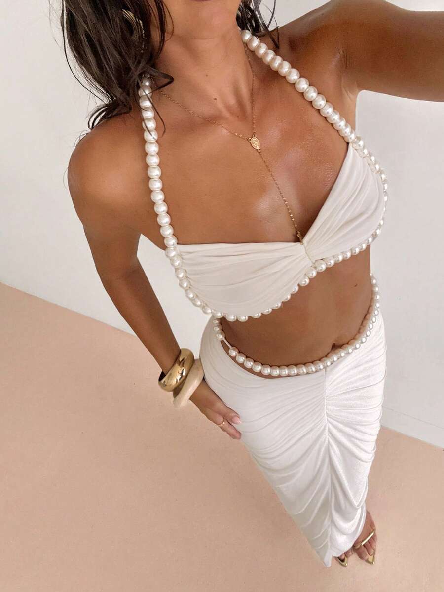 SHEIN BAE 女士休闲度假珍珠链条吊带上衣，优雅性感吊带款，适合休闲度假、海滩度假，魅力上衣，珍珠装饰 - 白色 - 查看 1