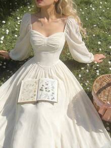 SHEIN MOD Váy dài tay đèn lồng voan màu mơ thanh lịch - Màu be - Xem 1