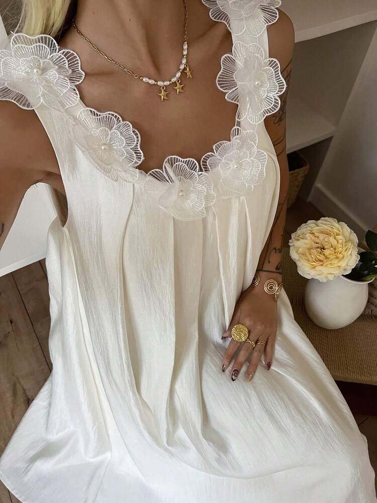 Women's Vacation 3D Floral Decor Pleated Design Sleeveless Dress Sun Dresses For Women Summer