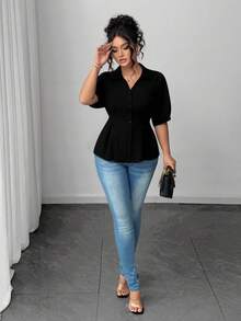 SHEIN PETITE CURVE Plus Size Petite Women's Solid Color Minimalist Stylish Office Wear Short Sleeve Blouse, Spring/Summer - Black - View 5