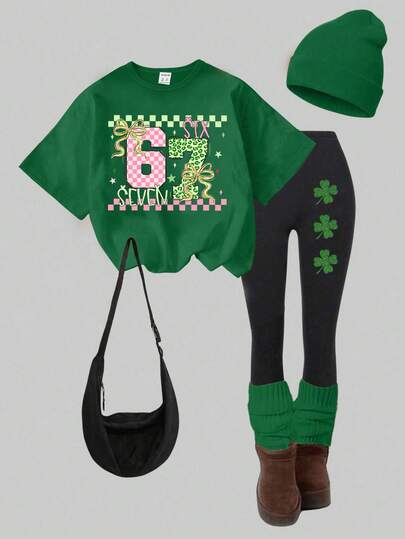 Conjunto de camiseta y pantalones de 2 piezas de estilo casual y fresco para niñas, con estampados de cuadros, leopardo verde, estrellas, lazos, corazones, brillo y tréboles, ideal para el uso diario en primavera, verano y otoño. Cómodo y acogedor para el verano y el otoño.