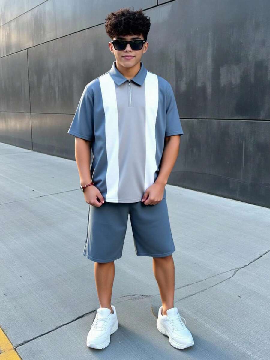 SHEIN 两件套青少年男童休闲学院风撞色Polo衫短裤套装，适合通勤、上学、日常休闲穿着及运动，春夏男童夏季套装，男童度假装 - 彩色 - 查看 1
