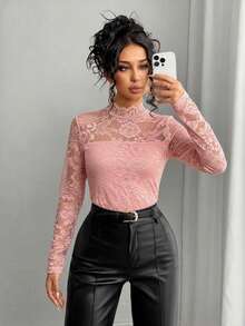 Rafferiza Women's Elegant Lace Sheer Sexy Long Sleeve Fitted T-Shirt - Pink - View 1