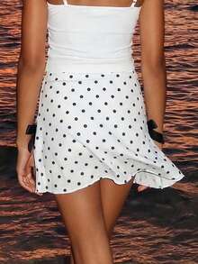 Sparklyn Tween Girls' Casual Polka Dot Contrast Color Bow Skirt Set With Leggings, Sweet & Cool Daily Wear Tween Bathing Suit With Skirt Bow Front Skort Teen Girl Skort Tween Girl Skirt Sets Polka Dot Skort - Multicolor - View 2