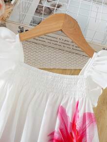 SHEIN 小女孩碎花印花短袖褶皱可爱连衣裙 - 白色 - 查看 6