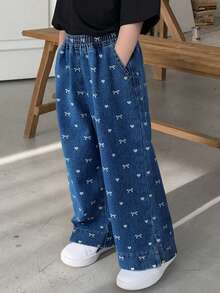 Dazy Kids Young Girl Bow & Heart Pattern Elastic Waist Pocket Wide Leg Casual Jeans - Blue - View 5