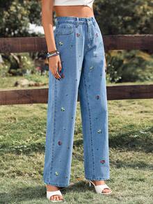 Breezaya Women's Casual Floral Embroidered High Waist Loose Straight Leg Jeans - Medium Wash - View 5