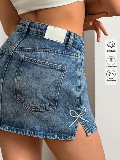 SHEIN Minigonna di jeans in 100% cotone con pantaloncini incorporati per le donne