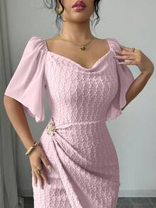 Modelyn Đầm nữ thanh lịch cổ bèo phối màu, khóa kim loại, khóa cài, dáng ôm, thích hợp cho mùa xuân/hè. - Hồng - Xem 8