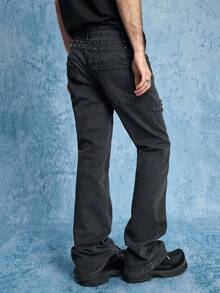 ROMWE MEN Men's Metal Rivet Layered Denim Jeans - Brown - View 3