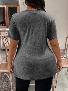 SHEIN CURVE+ 大码百搭短袖时尚修身通勤T恤 - 灰色 - 查看 6