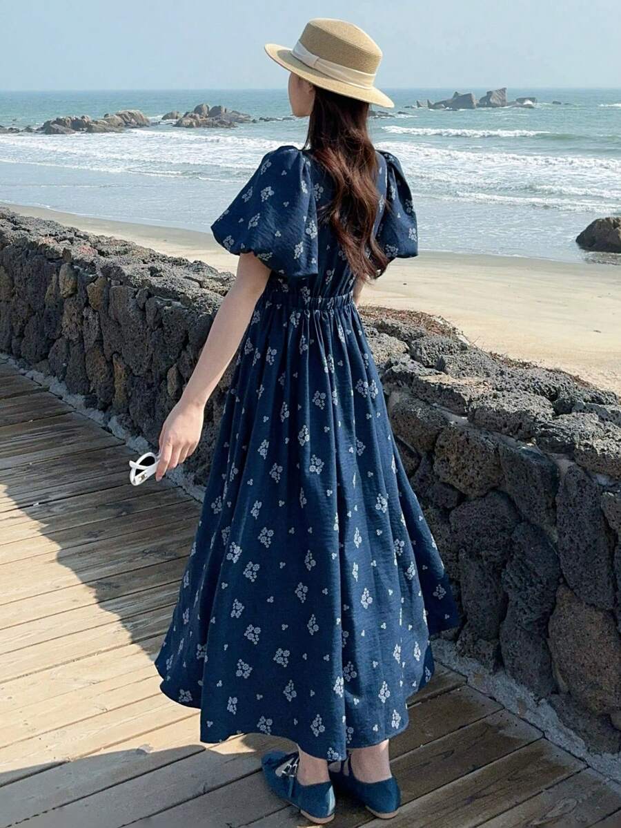 DAZY 女士V领短袖印花收腰优雅泡泡袖休闲连衣裙波西米亚风 - 藍色 - 查看 1