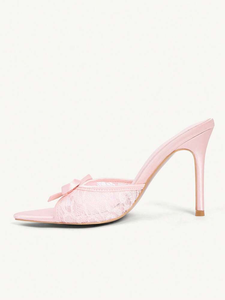 CUCCOO CHICEST Women Shoes Pink Satin Lace Mesh Splicing Summer And Summer Bow Element Fashion Sexy Pointed Stiletto Slippers Summer Shoes Wedding Shoes Bride Shoes