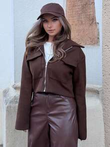 Jeta Ari Women's Casual Solid Color Cropped Jacket, Versatile For Autumn - Coffee Brown - View 1