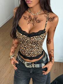 Coolane 女士四季街头风 Y2K 辣妹日常穿搭基础款豹纹撞色蕾丝蝴蝶结修身背心 - 棕色 - 查看 5