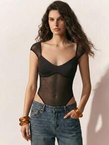 Poéselle Damen modischer, sexy transparenter Mesh-Patchwork-Bodysuit - Schwarz - Übersicht 2