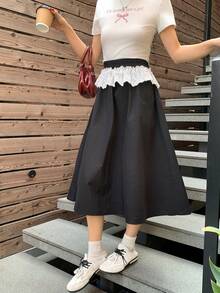 DAZY Rok Kasual Wanita dengan Blok Warna dan Hiasan Renda, Musim Semi/Panas - Hitam - View 2