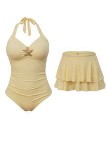 Sweetra 2pcs Plus Size Women Summer Holiday Special Fabric Metallic Starfish Decor Halter One-Piece Swimsuit With Cover-Up Skirt - Beige - View 1