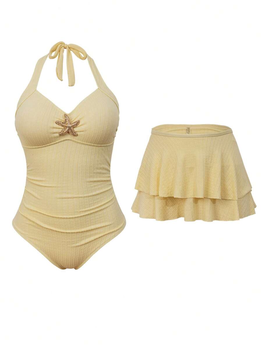Sweetra 2pcs Plus Size Women Summer Holiday Special Fabric Metallic Starfish Decor Halter One-Piece Swimsuit With Cover-Up Skirt - Beige - View 1