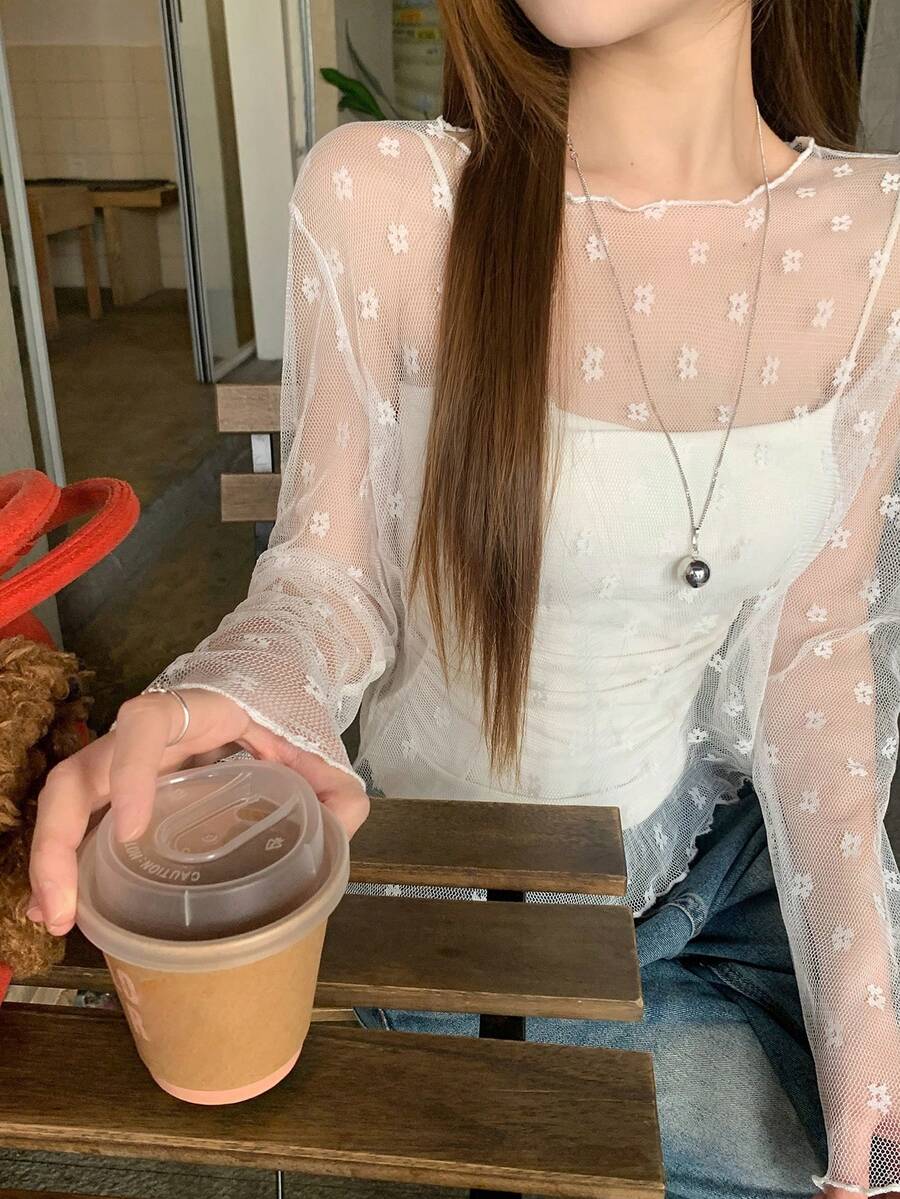 DAZY Women's Floral Lace Long Sleeve Top - White - View 1