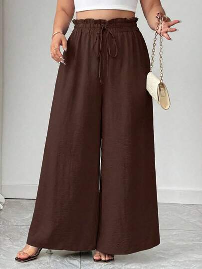 Plus Size Casual Solid Color High Waist Wide Leg Pants