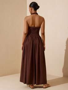 Vesra Women's Solid Color Halter Elastic Ruched Waist Dress - Brown - View 2