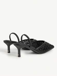 CUCCOO CHICEST New Stylish Elegant Black Embroidered Mesh Beaded Square Toe Mid-Heel Ankle Strap Pumps For Women - Black - View 5