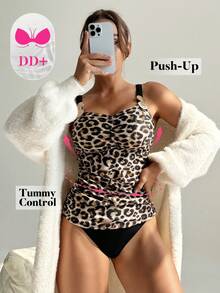 Swim DD+ Set Bikini Camisole Wanita Modis Terbaru dengan Hiasan Motif Leopard dan Tali Tebal untuk Pantai dan Resor. - MultiWarna - View 1