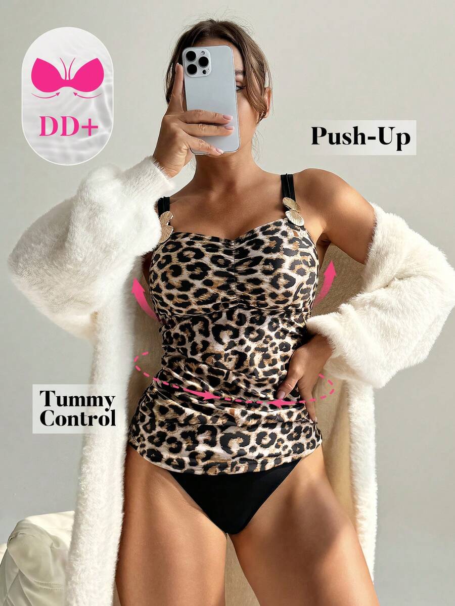 Swim DD+ Set Bikini Camisole Wanita Modis Terbaru dengan Hiasan Motif Leopard dan Tali Tebal untuk Pantai dan Resor. - MultiWarna - View 1