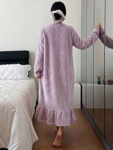 Dream Adore Heart & Daisy Embroidered Plush Ruffle Trim Casual Women Nightgown, Moo Moo Night Dress - Purple - View 3