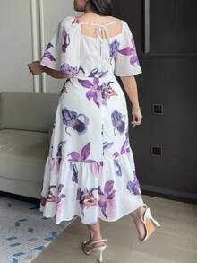 Dazy Plus Plus Size Women Floral Print Ruffle Sleeve Elegant Dress Sundress - Purple - View 7