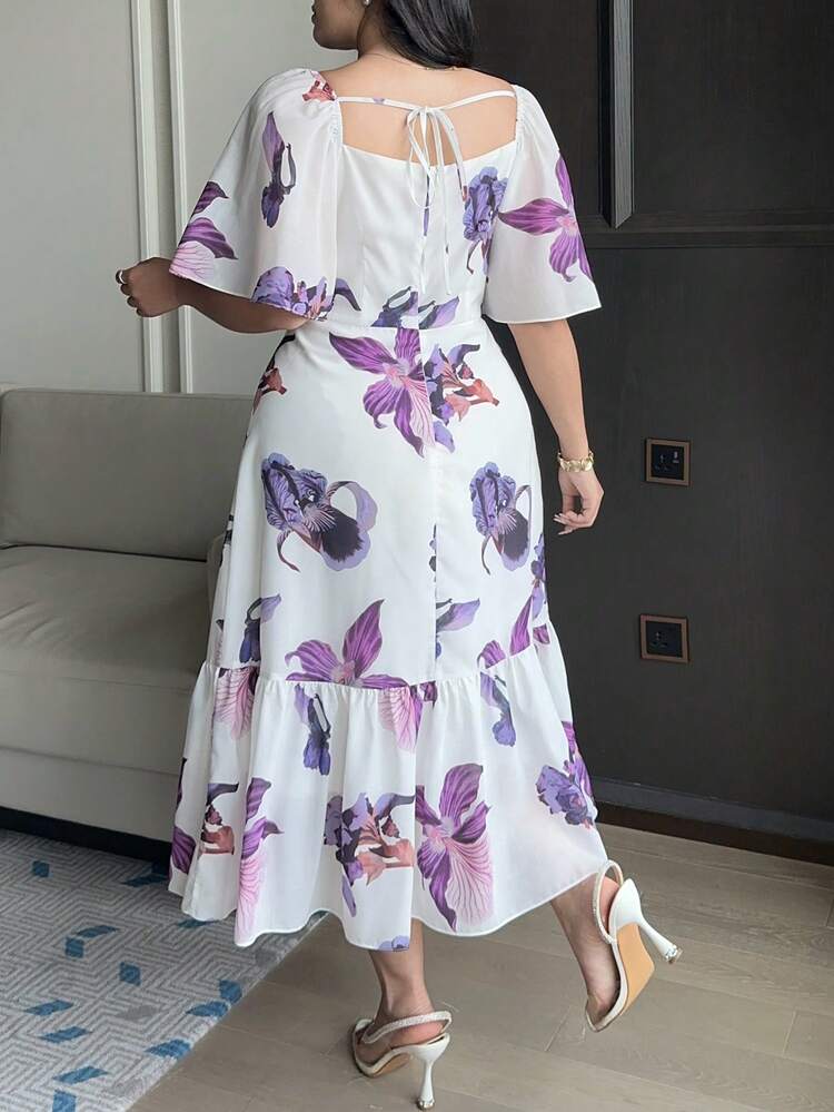 Dazy Plus Plus Size Women Floral Print Ruffle Sleeve Elegant Dress Sundress