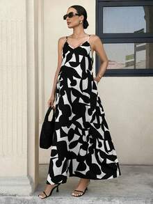 MaterniWear 孕妇V领几何印花休闲度假派对外出无袖连衣裙 - 黑與白 - 查看 4