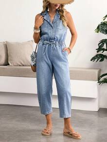 Breezaya Women's Casual Denim Jumpsuit With Lapel Collar And Waist Tie Design, Suitable For Daily Wear - Blue - View 5