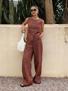 Livesso 女士休闲无袖上衣和牛仔裤套装 - 咖啡棕 - 查看 6