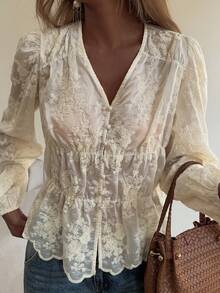 DAZY Women's Textured Embroidered Ditsy Floral Loose V-Neck Drawstring Casual Summer Blouse Going Out Tops Women - White - View 5