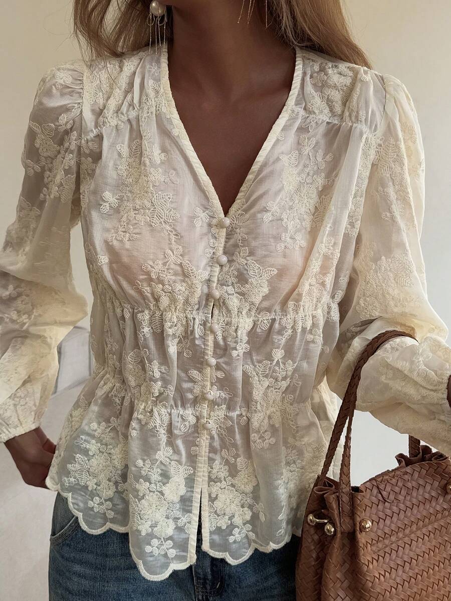 DAZY 女士纹理刺绣碎花宽松V领抽绳休闲夏季上衣外出上装 - 白色 - 查看 1