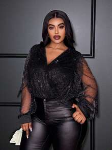 Slaydiva Plus Size Black Party Bodysuit With V Neck Wrap Detail And Semi-Sheer Bishop Sleeves Knitted Fabric Top - Black - View 7